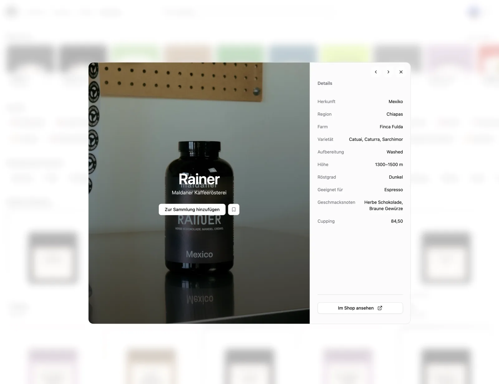 Coffee details in a dialog while browsing, with a button to add it to the collection