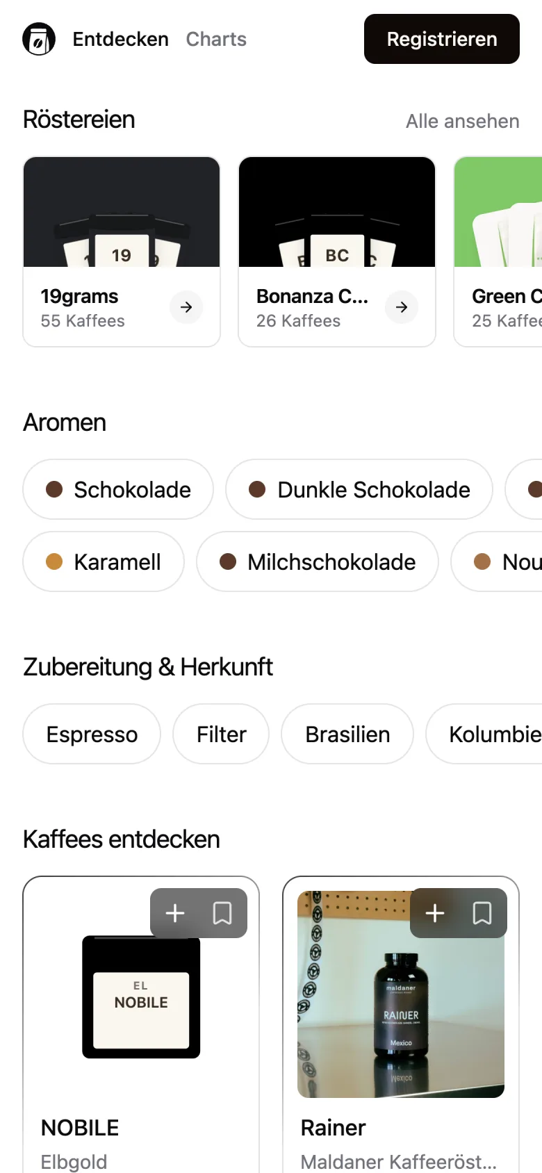 Discover page on a phone, sorted by type, origin and taste