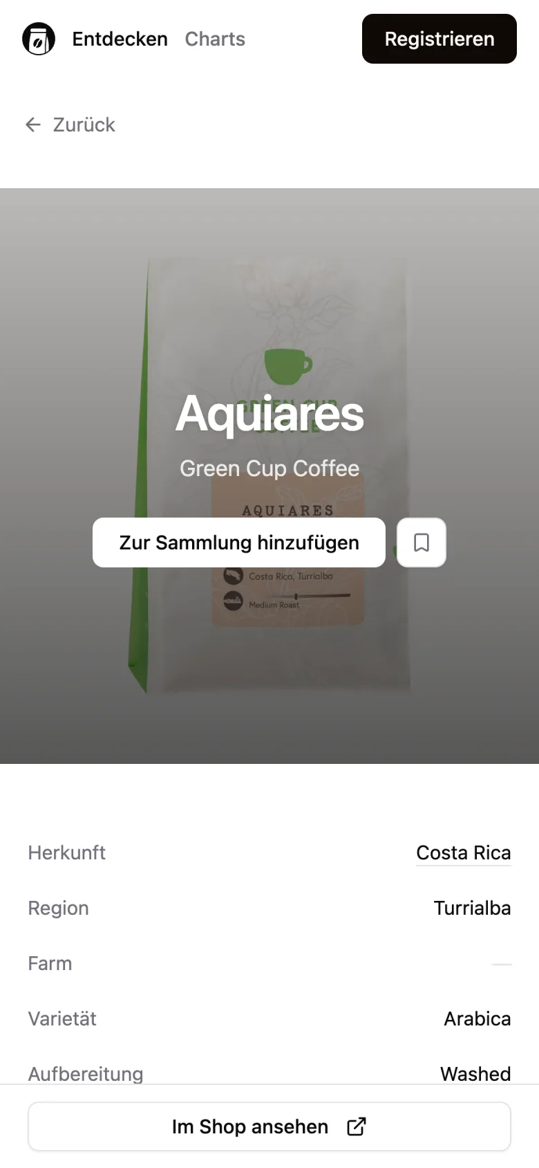 Coffee detail page on a phone