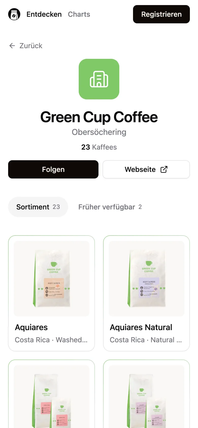 Roaster page on a phone with follow button and the roaster's coffees