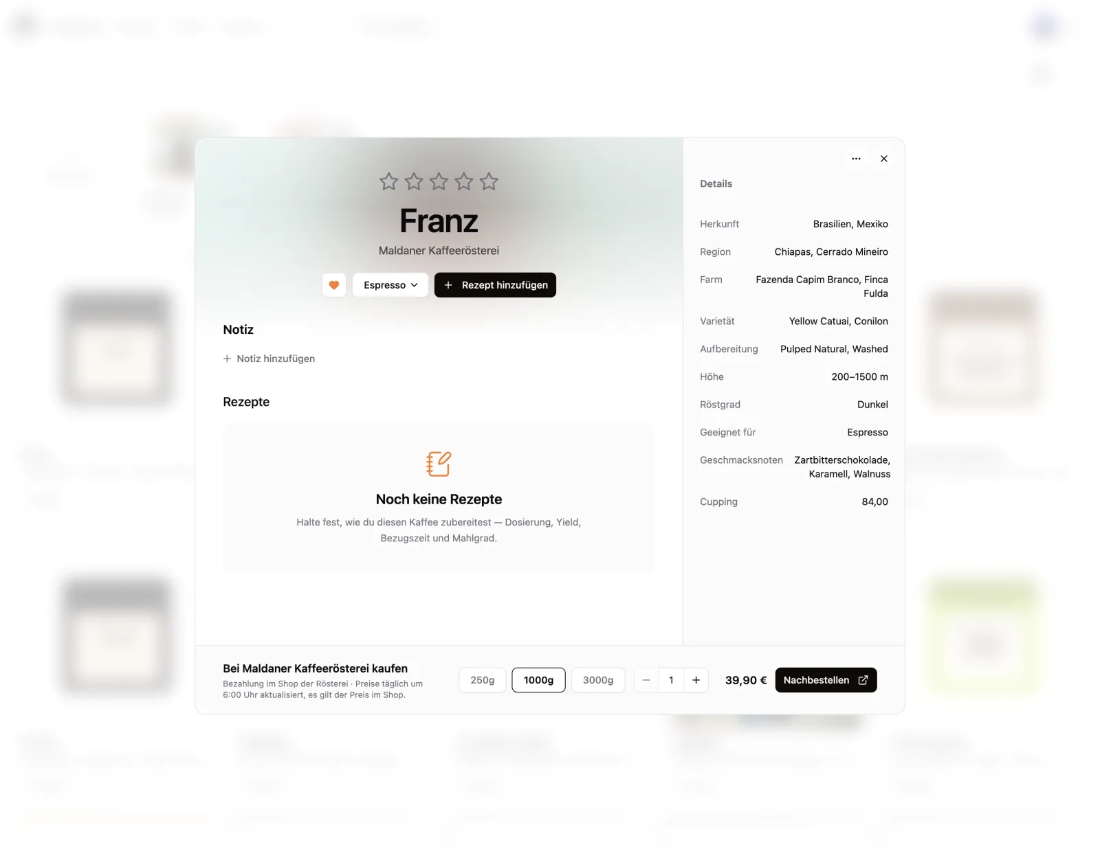 A coffee in the collection with rating, notes, recipes, details and reorder options