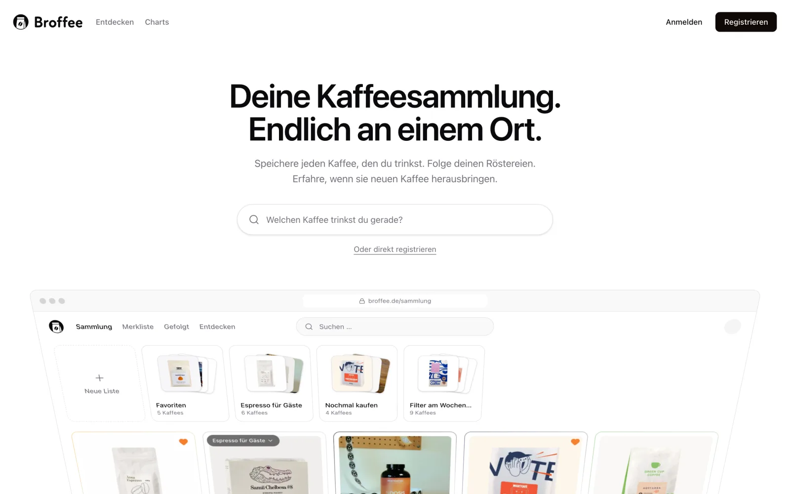 Broffee start page with the headline and a preview of the collection